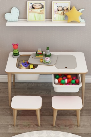 Moniev Çocuk Çalışma Masası Oyun Ve Etkinlik Masası Tabureli Beyaz Beyaz