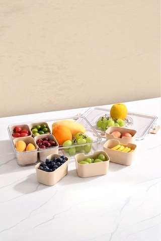8 Bölmeli Silikon Vakum Kapaklı Kahvaltılık Sunum Seti - Çok Fonksiyonlu Takım Çantası Bej