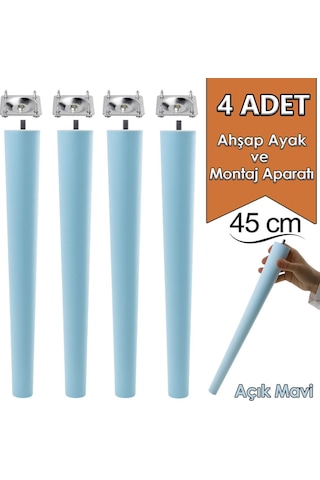 4 Adet Ahşap Ayak 45 Cm Açık Mavi M8 Civatalı Bağlantı Aparatlı Mobilya Tabure Sehpa Masa Destek Ayağı Mavi