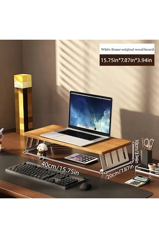 Motion003 Ergonomik Ahşap Monitör Standı Yükseltici Bej Çerçeve Kütük Tahta 40 Cm Büyük Çift Ekran Masa Rafı Ofis Ev Çalışma Alanı