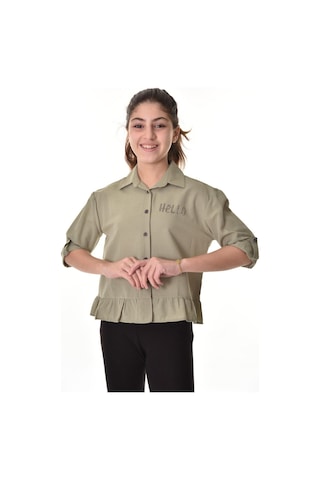 Kız Çocuk Bel Detaylı-taş Baskılı Crop Gömlek 6-15 Yaş 12254 Haki
