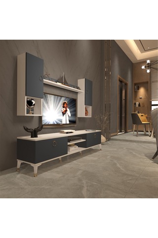 Decoraktiv Eko 5da Mdf Dvd Gold Tv Ünitesi Tv Sehpası Beyaz - Antrasit