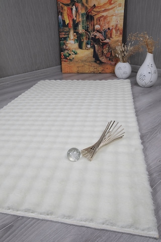 Dekoratif Bubble Uzun Tüylü Yumuşak Puffy Peluş Kaymaz Yıkanabilir Salon Koridor Halı Yolluk Açıkbej Krem