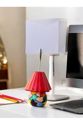 Kırmızı Abajur Fotoğraf Not Tutacağı Ofis Masası Hediyelik Tutucu Kırmızı