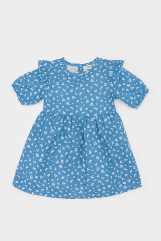 DeFacto Kız Bebek Desenli Kısa Kollu Flamlı Poplin Elbise E5809A525SPBE88 Mavi