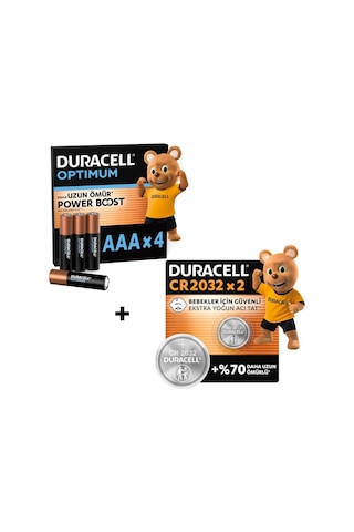 Duracell Optımum Aaa Alkalin İnce Kalem Pil 4'lü Paket & Cr 2032 Lityum Düğme Pil 2'li Paket