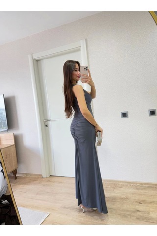 De'charme Kolsuz Büzgülü Uzun Elbise - Füme