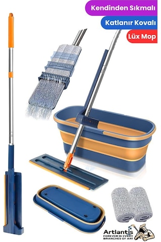 Kendinden Sıkmalı Mop Ve Tekerlekli Katlanabilir Kova Seti 1 Adet Yedek Mop Hediyeli Lüks Mop Seti Silikon Kova Temizlik Seti Büro Ofis Ev