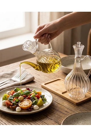 2li Cam Yağdanlık 750ml+750 Ml Glory Çizgili Bambu Stantlı Borosilikat Sirkelik El Üretimi Yağ, Sirke Ve Sos Şişesi Ç Şeffaf