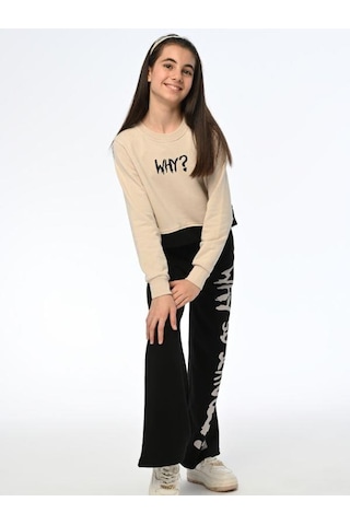 Kız Çocuk Why Yazılı Yanlardan Çıt Çıtlı Bol Paça Eşofman Takım-13538 Siyah