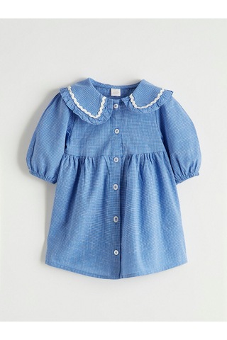 Meral Collection Mavi Nakışlı Bebe Yaka Kareli Kız Bebek Elbise Mavi