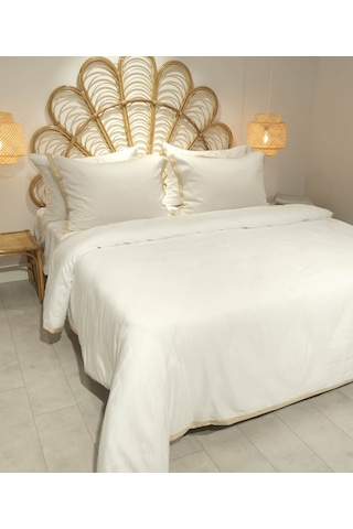 Koza Home Glow Tencel Saten Çift Kişilik Optik Beyaz Gold Biye Nevresim Tak Beyaz - Bej