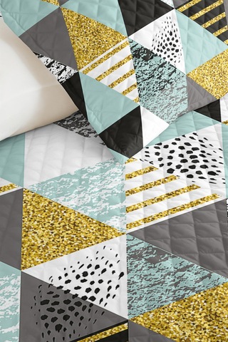 Geometrik Mint Genç Odası Tek Kişilik Pike Takımı - Sarı Gri Modern 160x220 Cm Kapitone Yatak Örtüsü Hafif Seramik Serabı