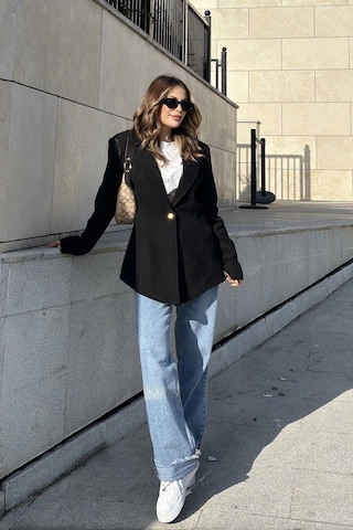 Kadın Siyah Astarlı, Tek Düğme, Vucüda Oturan Kalıp, Fitilli Kaşe Kumaş Blazer Ceket Siyah