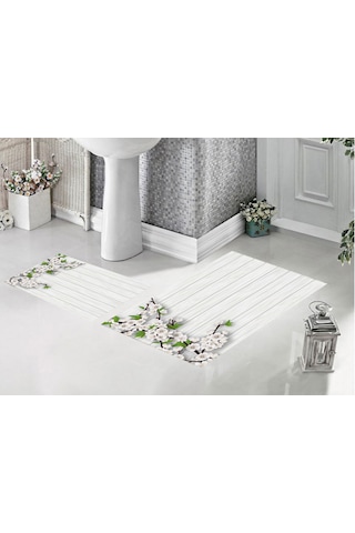 Dijital Baskılı 2 Li Set Banyo Paspası Kaymaz Tabanlı Klozet Takımı Beyaz