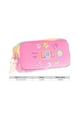 Kaukko Kids Pembe Çok Renkli, Lol Baskılı, Kız Çocuk Üç Gözlü Okul Kalem Çantası - L8237 Pembe - Çok Renkli