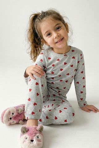 Breeze Kız Çocuk Pijama Takımı Kalp Desenli 4-8 Yaş, Açık Gri Melanj Açık Gri Melanj