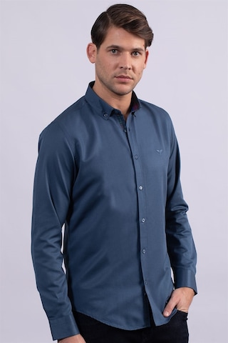 Tudors Slim Fit Dar Kesim Uzun Kol Erkek Gömlek-23462 Petrol
