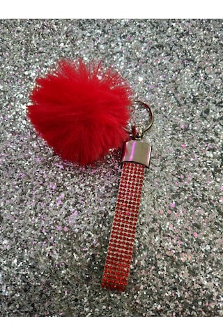 Kırmızı Taşlı Kırmızı Tavşan Tüylü Anahtarlık