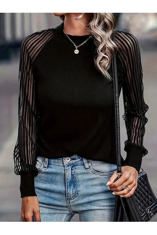 Modaserdem Kadın Uzun Kollu Tül Detaylı Bisiklet Yakalı Kaşkorse Bluz Siyah