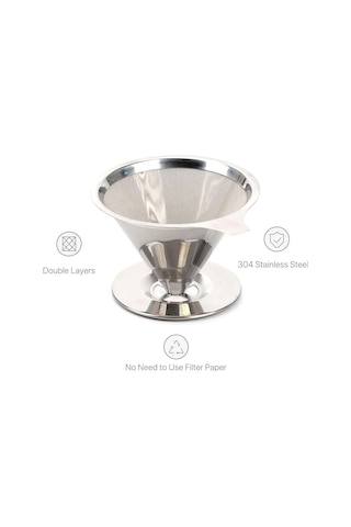 Fosenze Çift Elekli Paslanmaz Çelik Filtre Kahve Funnelı - Yeniden Kullanılabilir, Taşınabilir, Zengin Aroma, Hızlı Hazırlama 2-4 Bardak Gümüş