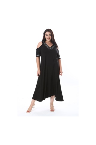 Kadın Büyük Beden Siyah Taş Detaylı Omuz Dekolteli Elbise 65n38315-siyah Siyah