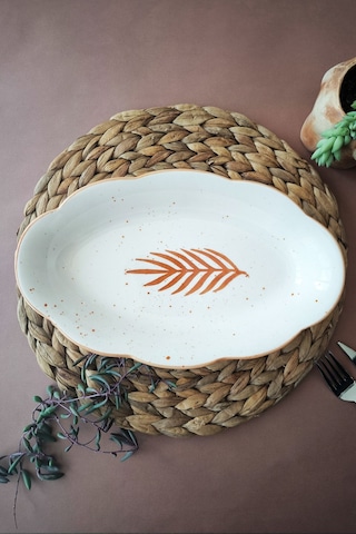 Başak Desenli 30 Cm El Yapımı Kayık Tabak Servis, Salata, Meyve Sunumları İçin Şık Ve Doğal Tasarım Beyaz