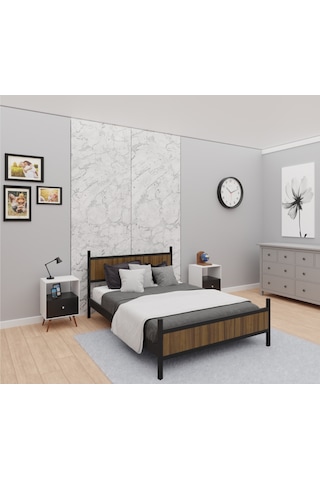 Gm 305 Modern Çift Kişilik Ahşap Metal Siyah Ceviz Karyola 150x200