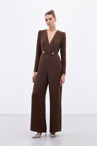 Sateen Kruvaze Süs Taşlı Krep Tulum - Kahve-136567 Kahve