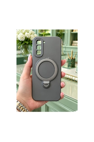 İnfinix Hot 50 Pro Plus 4g İle Uyumlu 360 Derece Dönebilen Kalın Metal Magsafe Halka Stantlı İçi Kadife Korumalı Ultra Lüx Premium Silikon Kılıf Gri