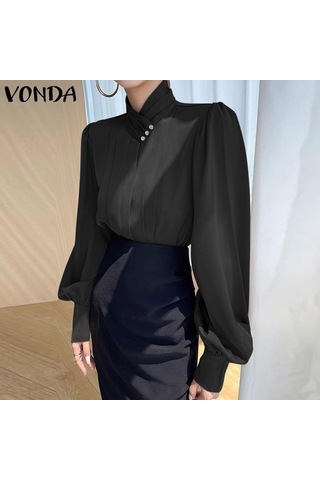 Vonda Kadın Zarif İnci Yakalı Düz Renk Çizgili Uzun Kollu Pileli Bluzlar Beyaz