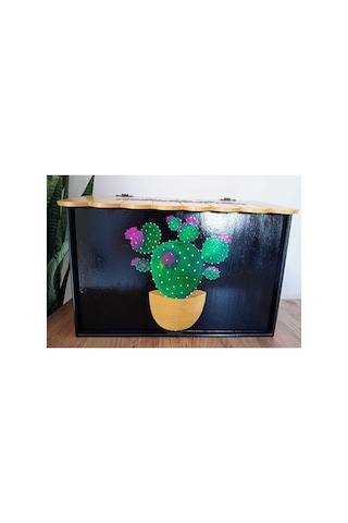 El Boyaması Kaktüs Desenli Altın Kapaklı Ekmek Kutusu Altın - Siyah