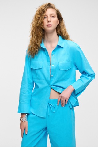 RIGO Kadın Gömlek Yaka Uzun Kol Regular Uzun İnce Mavi Gömlek