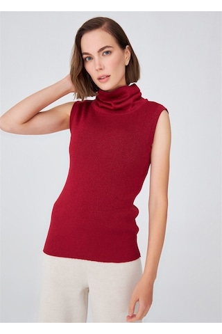 Peraluna Simli Balıkçı Yaka Kolsuz Kadın Triko Bluz Kırmızı-Kırmızı