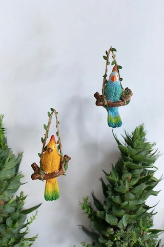 2 Adet Dekoratif Sallanan Duvar Ve Bahçe Süsü Papağan Sarı-mavi