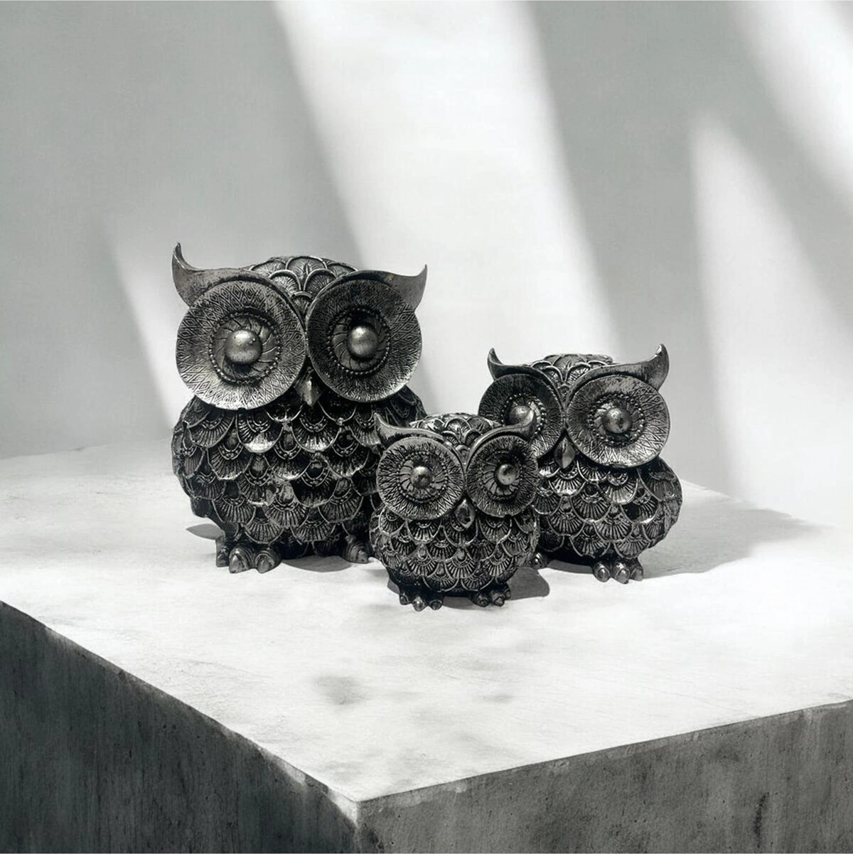 Dekoratif Polyester Üçlü Baykuş Biblo Set Gümüş Eskitme