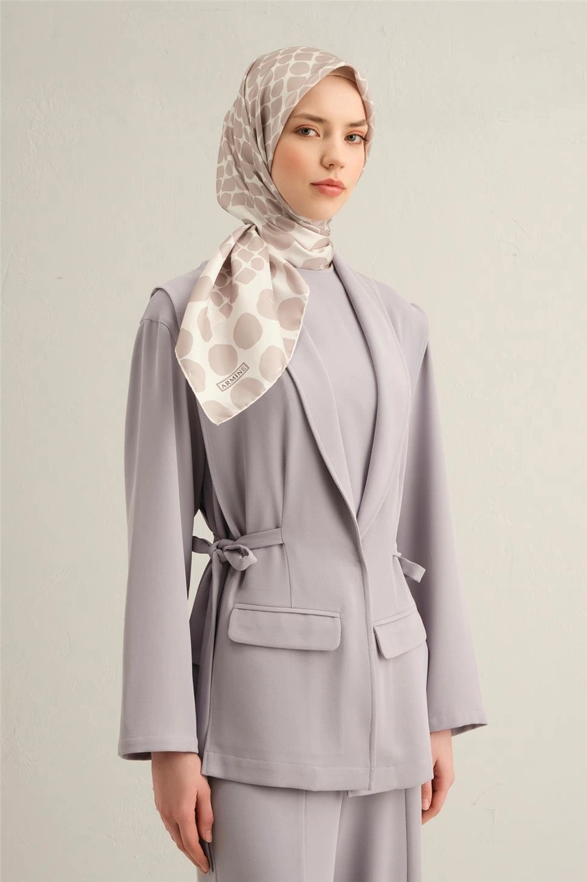 Armine Geometrik Desenli Saf İpek Twill Eşarp 9354d 83 Gri