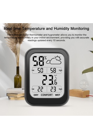 Youtek Siyah Ev İç Sıcaklık Nem Ölçer - 10 Saniye Güncelleme - Büyük Lcd Ekran - Hava Durumu Gösterimi - Dahili Pil