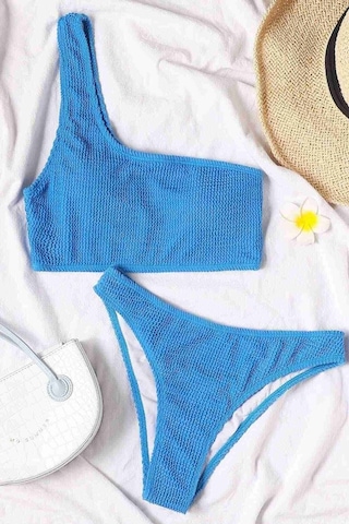 Angelsin Özel Fitilli Kumaş Bikini Takım Mavi 001