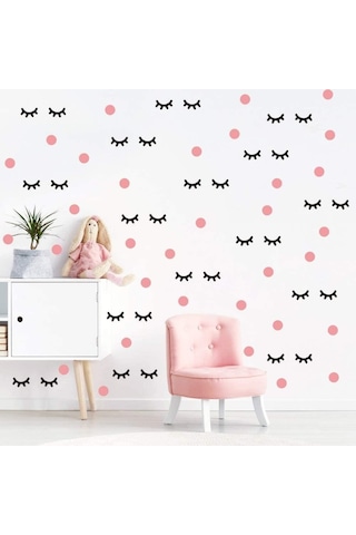 Pembe Polka Siyah Kirpik Çocuk Odası Duvar Sticker