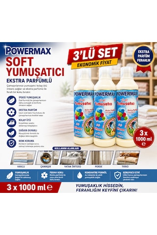 Powermax Soft Yumuşatıcı 1000 Ml X3 Set Çamaşır Yumuşatıcı Uzun Süre Kalıcı Ferahlık 3'lü Set