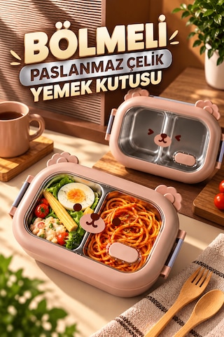 Bölmeli Çocuk Yemek Kutusu 304 Paslanmaz Çelik Sızdırmaz Kapaklı Sevimli Hayvan Tasarımlı Beslenme Kabı Çok Renkli