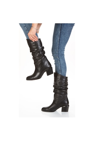 Hakiki Deri Büzgülü Körüklü Kalın Topuk Kadın Çizme Siyah