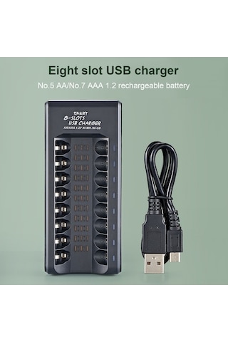 Tongxida Usb Şarjlı 8 Yuvalı Akıllı Şarj Cihazı - Aa/aaa Ni-mh Pil Şarj Aleti, Tam Dolumda Işık Söner, Siyah