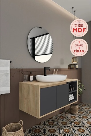 Gül 100 Cm %100 Mdf Lavabolu Banyo Dolabı Ayna Alt Dolap Lavabo Antrasit