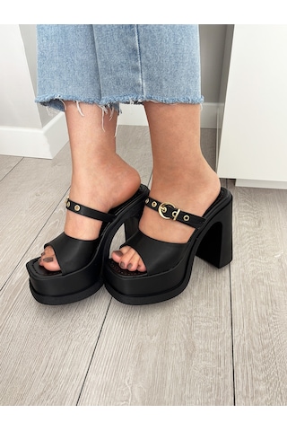 Asmi Shoes Kadın Soha Siyah Toka Detaylı 12 Cm Ortopedik Platform Topuklu Terlik Siyah Siyah