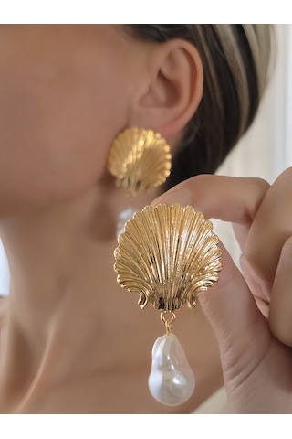 İstiridye Midye İnci Model Sallantılı Vintage Küpe Gold