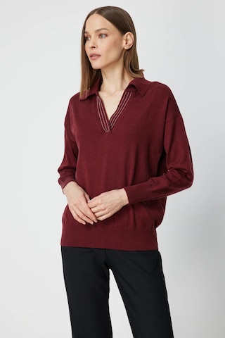 On Kadın Polo Yaka Zincir Detaylı Triko Kazak 66336 Bordo Bordo