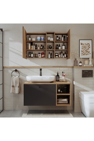 Lavabolu Mdf 95 Cm Lotus Oval Lavabolu Banyo Atlantik Çam - Antrasit