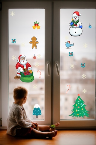 Yılbaşı Noel Baba ve Kardan Adam Temalı Cam Duvar Sticker